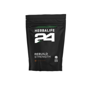 Herbalife 24 Rebuild Strength -tuotepakkaus mustalla taustalla.