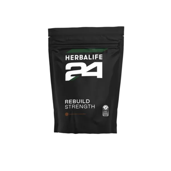 Herbalife 24 Rebuild Strength -tuotepakkaus mustalla taustalla.